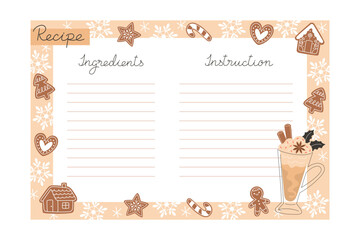 Blank recipe card for Christmas cookies with gingerbread, snowflakes, and a spiced latte illustration