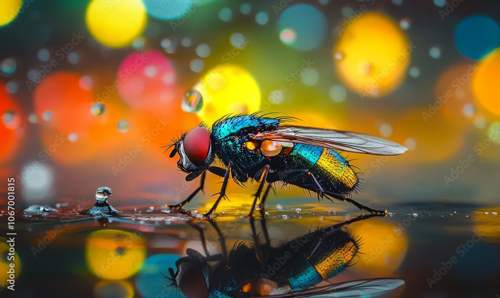 Aufkleber close-up of a vibrant fly on a wet surface, showcasing intricate details and colorful reflections in