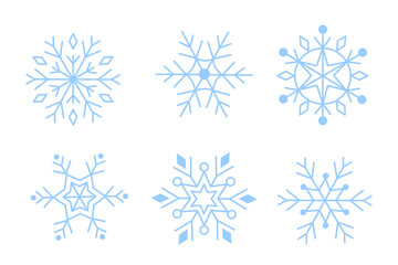 Set of various winter snowflakes in blue color