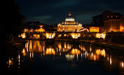 Fototapeta premium Stunning Night View of St. Peter's Basilica Illuminated by City Lights