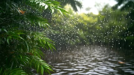 Fototapeta premium Tropical Rain. A Serene River Winds Through Lush Greenery. Tranquil Nature Scenic View.