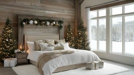 Cozy bedroom decorated for the holiday season with a large wreath, Christmas tree, and snowy window views.