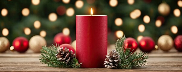 A festive red candle surrounded by pine cones and greenery, set against a blurred backdrop of colorful lights, perfect for holiday decor.