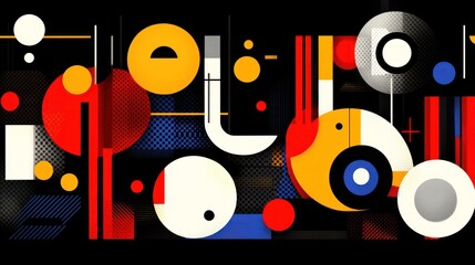 Obraz premium Abstract geometric pattern with red, yellow, blue, and white circles and lines on a black background.