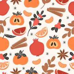 Seamless Christmas pattern with winter fruits, spices, and snowflakes