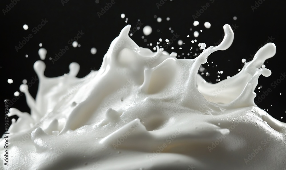Poster close up view of wet shaving foam creates dynamic splash effect, showcasing texture and movement of 