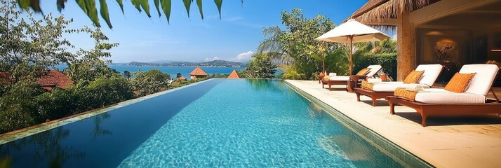 Fototapeta premium Tropical Luxury Infinity Pool Overlooking Ocean, Lush Greenery, and Thatched Roof Bungalow