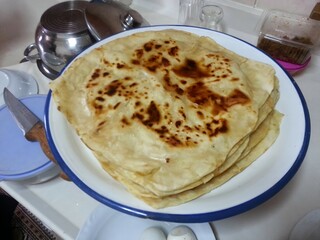 A plate of freshly made flatbreads, their golden-brown spots reflecting the warmth and tradition of homemade food, symbolizing the comfort and simplicity of traditional cuisine shared among family.