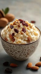 A bowl of creamy rice pudding topped with almonds and raisins