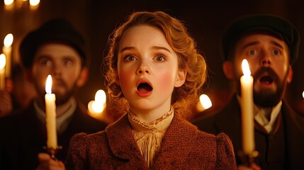 A candlelit scene featuring surprised individuals, including a young girl in period attire, evoking a sense of drama and historical intrigue.
