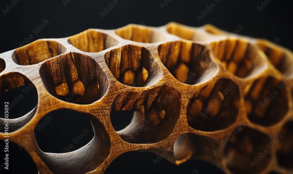 Poster close-up of a honeycomb structure showcasing intricate geometric patterns against a dark background.