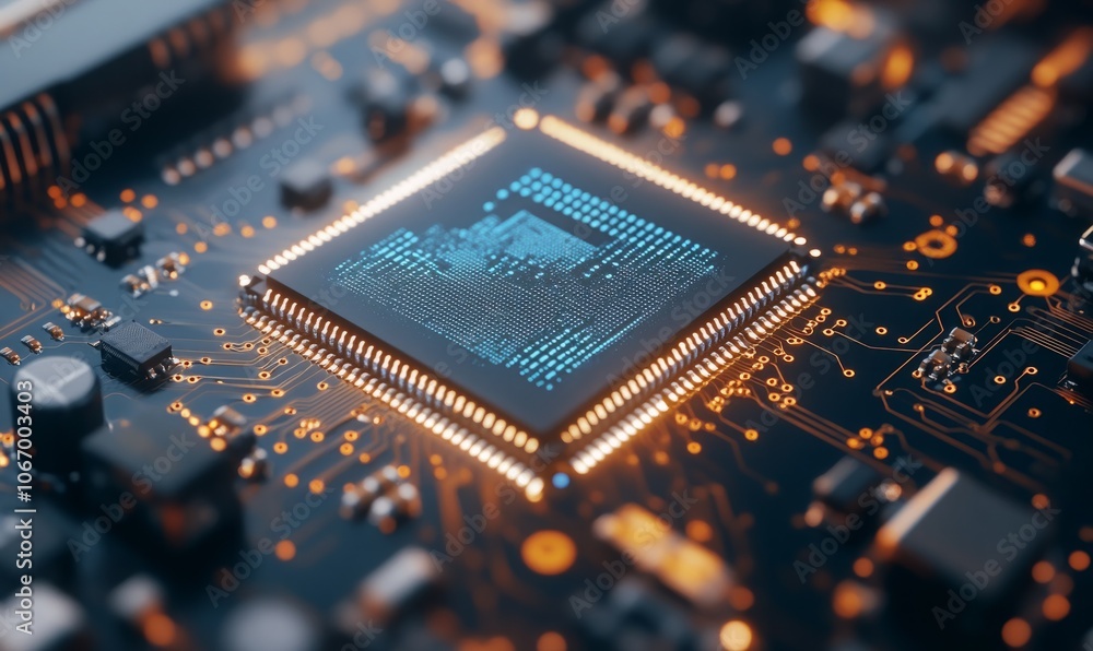 Poster close-up of a modern microprocessor with glowing blue circuit board elements, showcasing advanced te