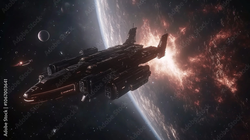 Poster spaceship exploring a distant planet with a cosmic nebula in the background at twilight