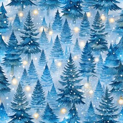 Obraz premium Explore the enchanting seamless pattern of snow-covered fir trees adorned with twinkling lights