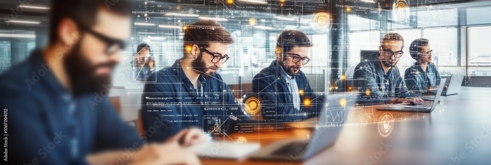 Poster software developers working on laptops in high-tech office, surrounded by digital visuals.