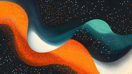 Obraz premium Abstract Wavy Shapes with Orange, Green, and White Dots on a Dark Background