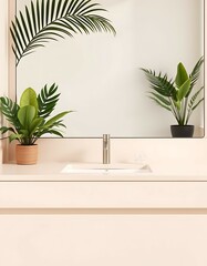 Fototapeta premium Clean Bathroom Countertop with Mirror and Plants for Social Media, Ai generated Images