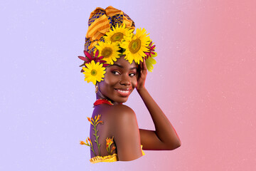 Composite photo collage of pretty american nymph girl do haircare beauty procedure sunflower turban...