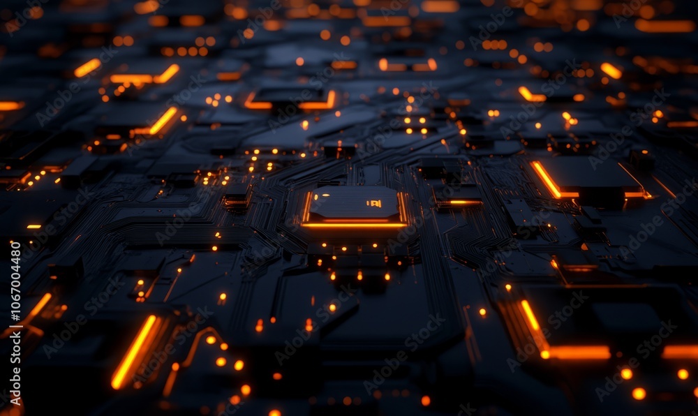 Poster close-up view of a modern circuit board, featuring intricate patterns and vibrant orange lights in a