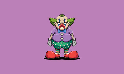 Grumpy clown cartoon character with exaggerated features