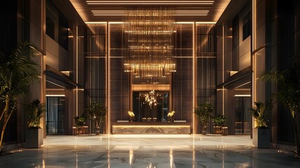 A Beautiful Entrance to a Luxury Hotel with a Gleaming Chandelier 