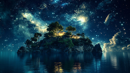 Fototapeta premium A serene island under a starry sky with vibrant colors and reflections in calm water at night