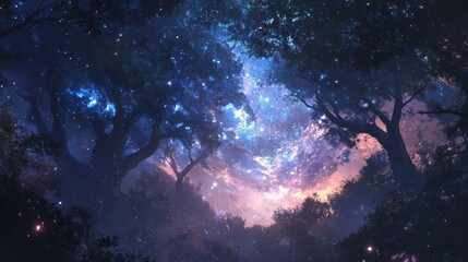 Fototapeta premium Silhouetted Trees Under a Starry Night Sky