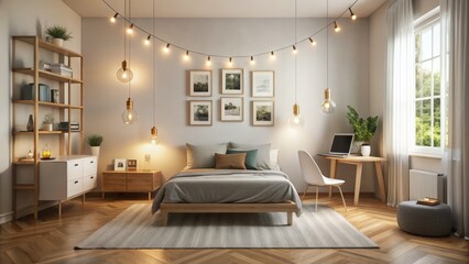 Modern Teenager's Bedroom Interior in Minimalist Style Featuring Laptop on Bed, Posters, and Decorative Lights - Perfect for Showcasing Comfortable Living Spaces