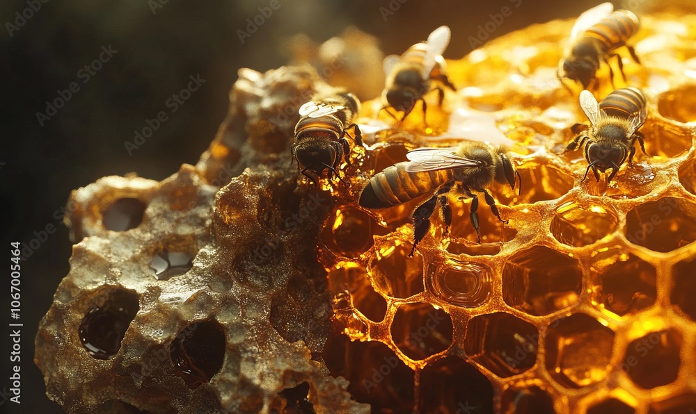 Poster close-up of a honeycomb with bees actively working on it.