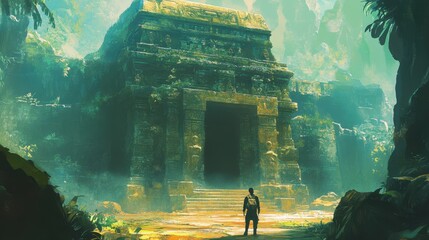 A lone figure stands before an ancient stone temple entrance in a lush jungle