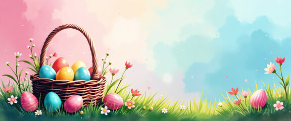 Colorful Easter eggs in a basket and flowers in a meadow with copy space