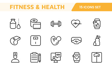 Health Tracking Icon Set. Clean and modern icons for fitness, wellness, and medical apps, perfect for tracking workouts, nutrition, vitals, and overall well-being in a user-friendly way.