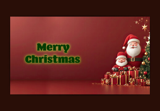 Merry Christmas Festival Banner with 3D Two Cartoon Santa Claus Near Xmas Tree and Gift Boxes on Red Background.