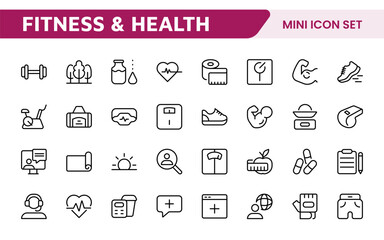 Health Tracking Icon Set. Clean and modern icons for fitness, wellness, and medical apps, perfect for tracking workouts, nutrition, vitals, and overall well-being in a user-friendly way.
