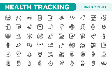 Health Tracking Icon Set. Clean and modern icons for fitness, wellness, and medical apps, perfect for tracking workouts, nutrition, vitals, and overall well-being in a user-friendly way.