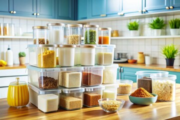 Neatly Organized and Labeled Baking Ingredients in BPA-Free Plastic Storage Containers for Modern Kitchen Convenience and Efficiency