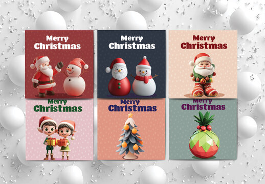 Merry Christmas Festival Greeting Cards Set with 3D Cartoon Characters in Different Colors.