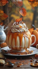 A pumpkin-shaped mug filled with whipped cream and drizzled with caramel sits on a wooden table with fall leaves in the background