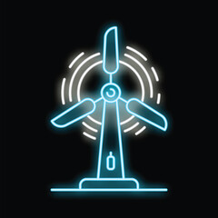 Blue neon wind turbine rotating and generating clean energy on black background