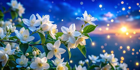 Night Flowering Jasmine Blooms Against a Clear Blue Sky, Capturing the Serenity and Beauty of Nature in Full Bloom, Perfect for Nature Lovers and Garden Enthusiasts