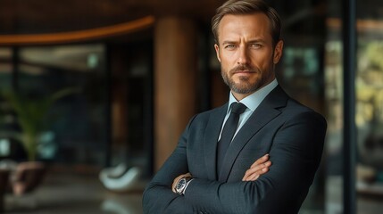 A confident businessman in a suit stands with arms crossed, exuding professionalism in a modern office setting.