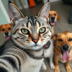 Gray striped brutal cat takes selfie with friends' dogs in the background