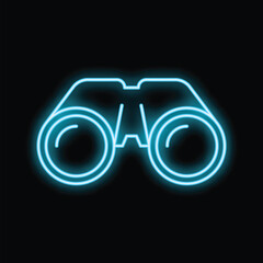 Glowing neon binoculars icon, representing concepts like observation and discovery, on a black background