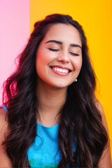 Naklejka premium Close-up portrait of a smiling young woman with eyes closed, radiating happiness against a vibrant pastel background in pink and yellow tones. Generative AI