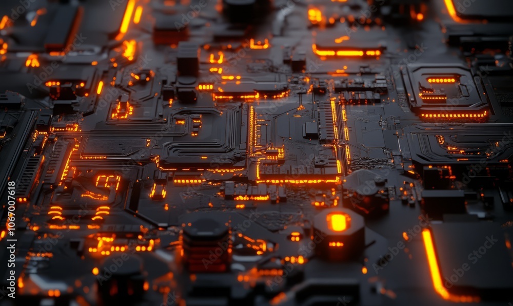 Poster close-up view of a modern circuit board, featuring intricate patterns and vibrant orange lights in a