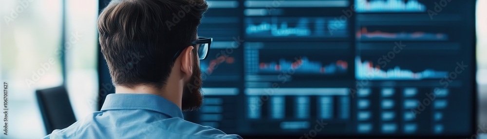 Poster a person analyzing data on a large monitor, displaying various financial charts and metrics for trac