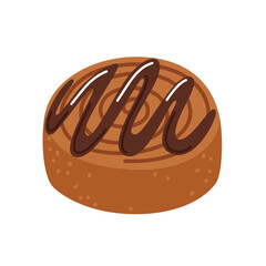 Cinnamon roll with chocolate icing. Sweet bun flat vector illustration. Food illustration isolated on white background