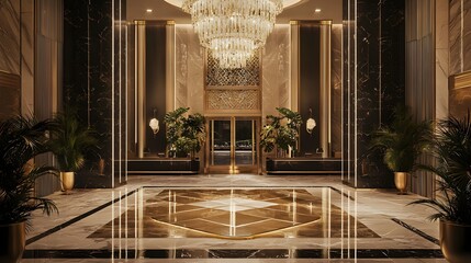 A Luxurious Hotel Entrance Adorned with a Stunning Chandelier and Elegant Surroundings