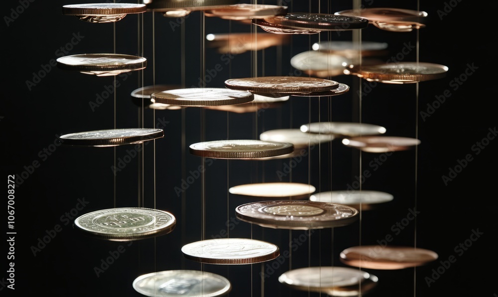 Poster coins arranged in a cascading stack against a dark background