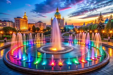 Obraz premium Panoramic View of the Fountain Descent at Soviet Square, Saransk, Republic of Mordovia during Evening Time on July 13, 2024, Showcasing Vibrant Colors and Dynamic Urban Atmosphere